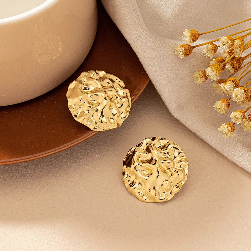 Oversized Gold Plated Metal Uneven Texture Big Round Stud Earring For Woman