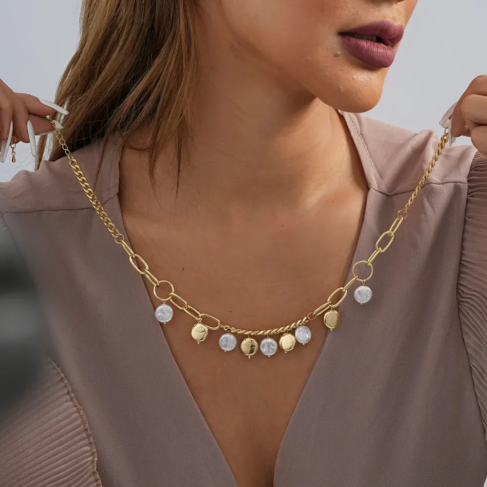 Gold Plated Pearl Drop Duel Color Short Statement Necklace