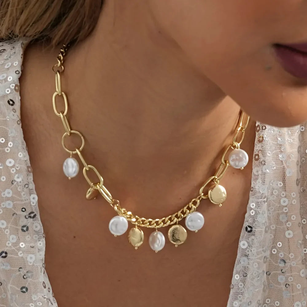 Gold Plated Pearl Drop Duel Color Short Statement Necklace