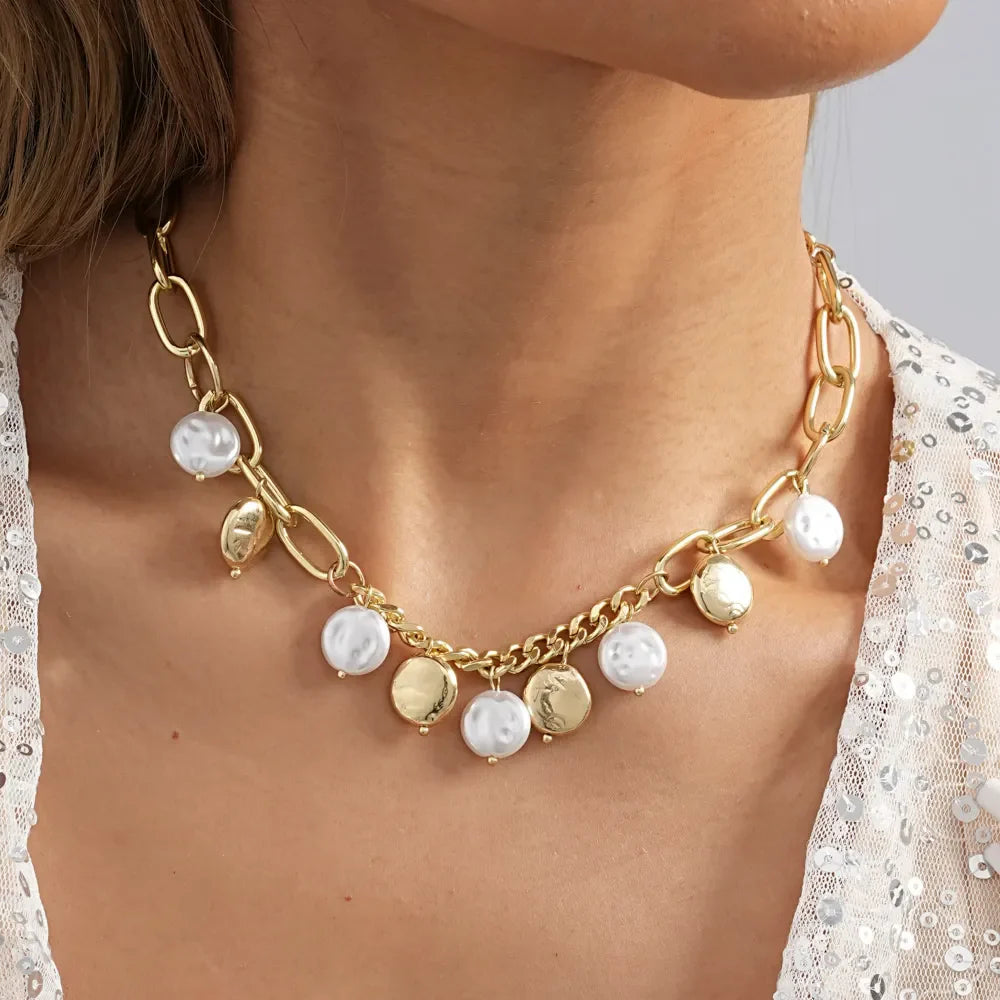 Gold Plated Pearl Drop Duel Color Short Statement Necklace