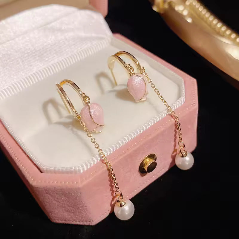 Gold Plated Pink Tulip Flower Long Earrings