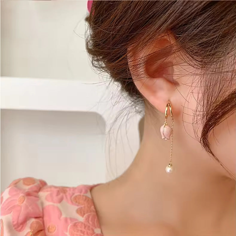 Gold Plated Pink Tulip Flower Long Earrings