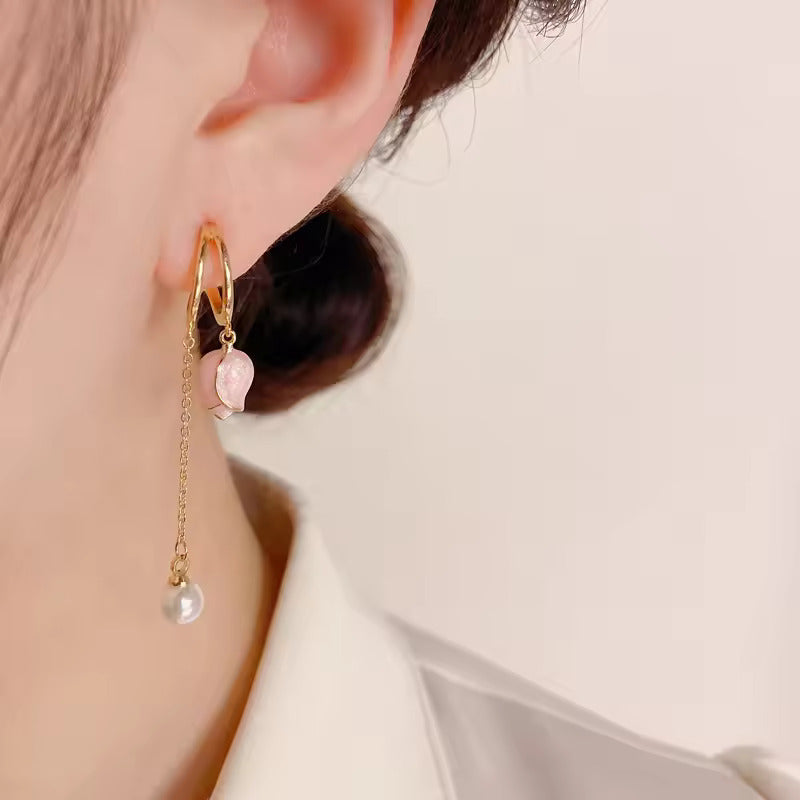 Gold Plated Pink Tulip Flower Long Earrings
