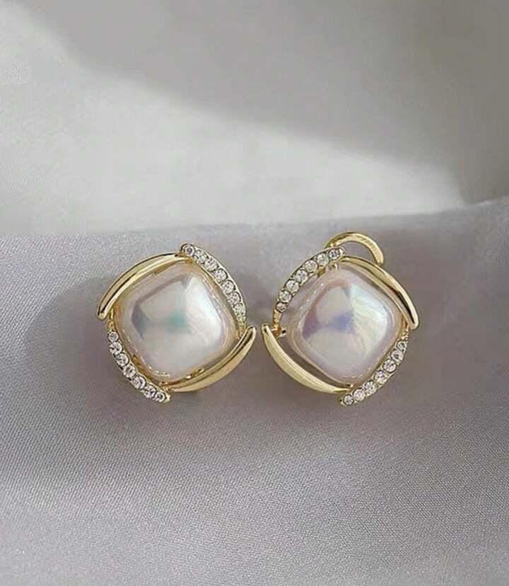 Gold Plated Square Shaped Pearl Stud Earring For Women