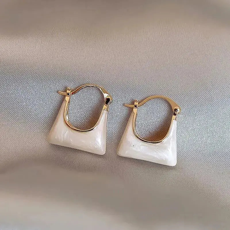 Gold Plated U Shaped White Enamel Handbag Dangle Earrings