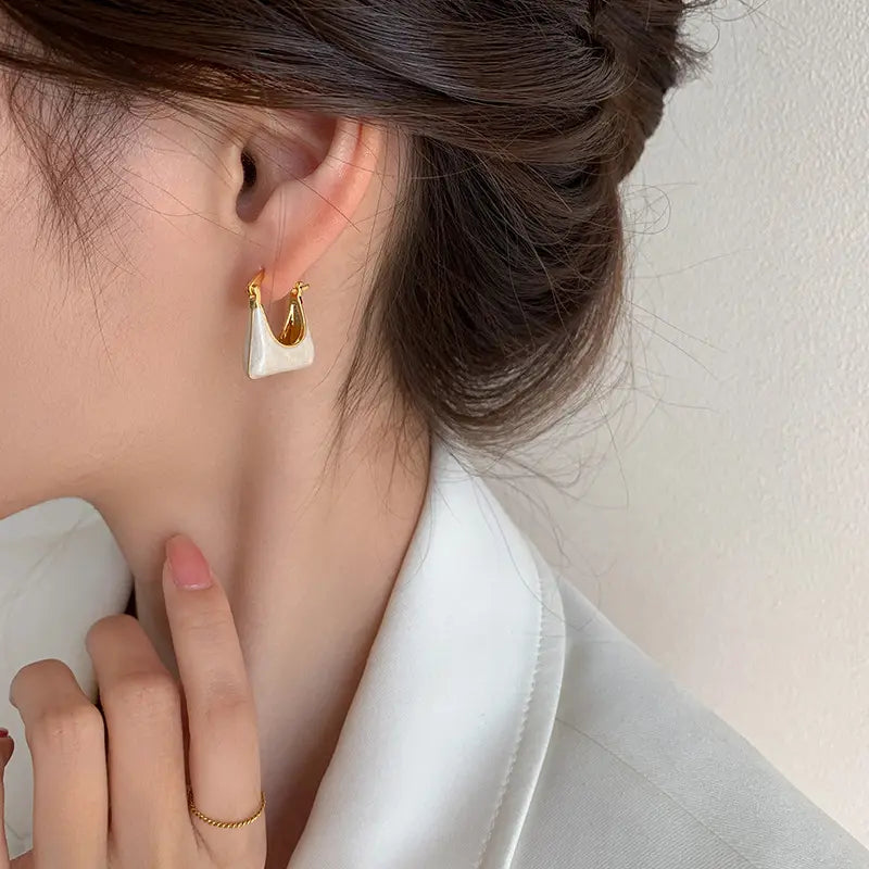 Gold Plated U Shaped White Enamel Handbag Dangle Earrings