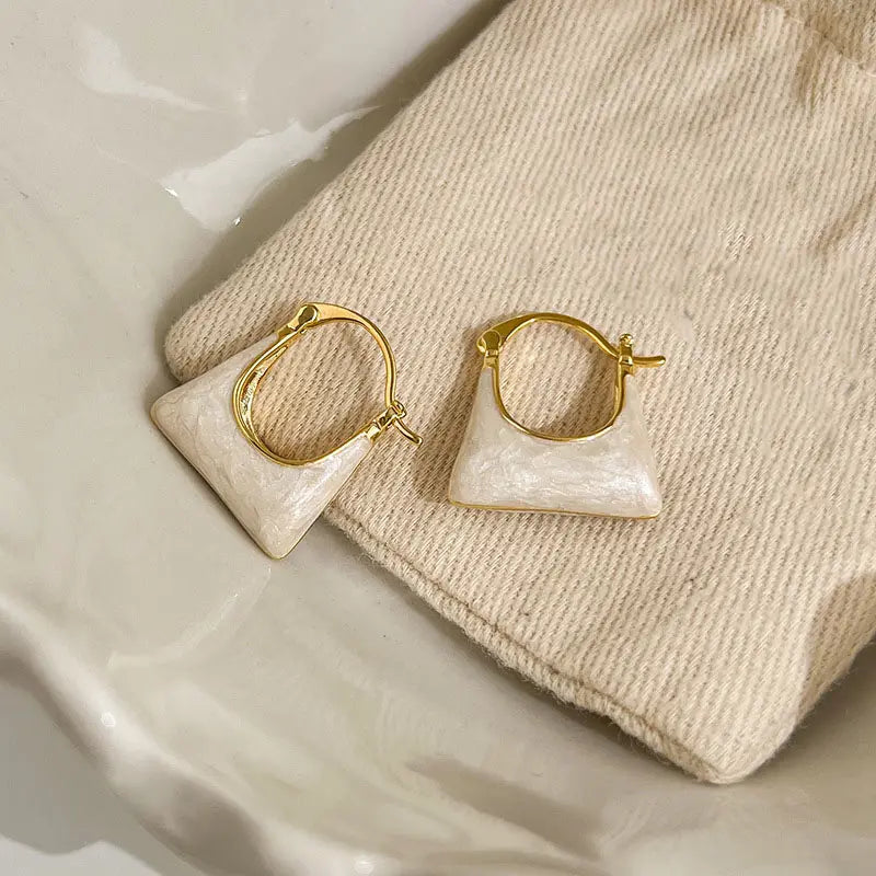 Gold Plated U Shaped White Enamel Handbag Dangle Earrings