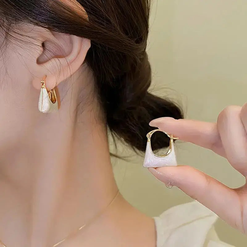 Gold Plated U Shaped White Enamel Handbag Dangle Earrings