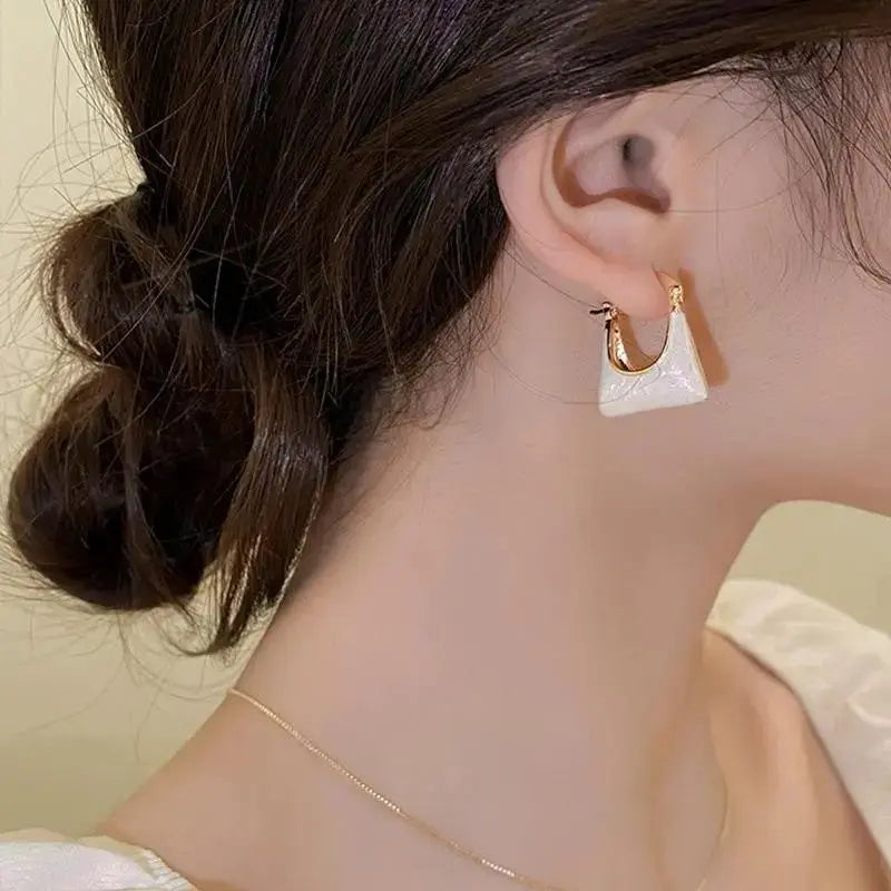 Gold Plated U Shaped White Enamel Handbag Dangle Earrings
