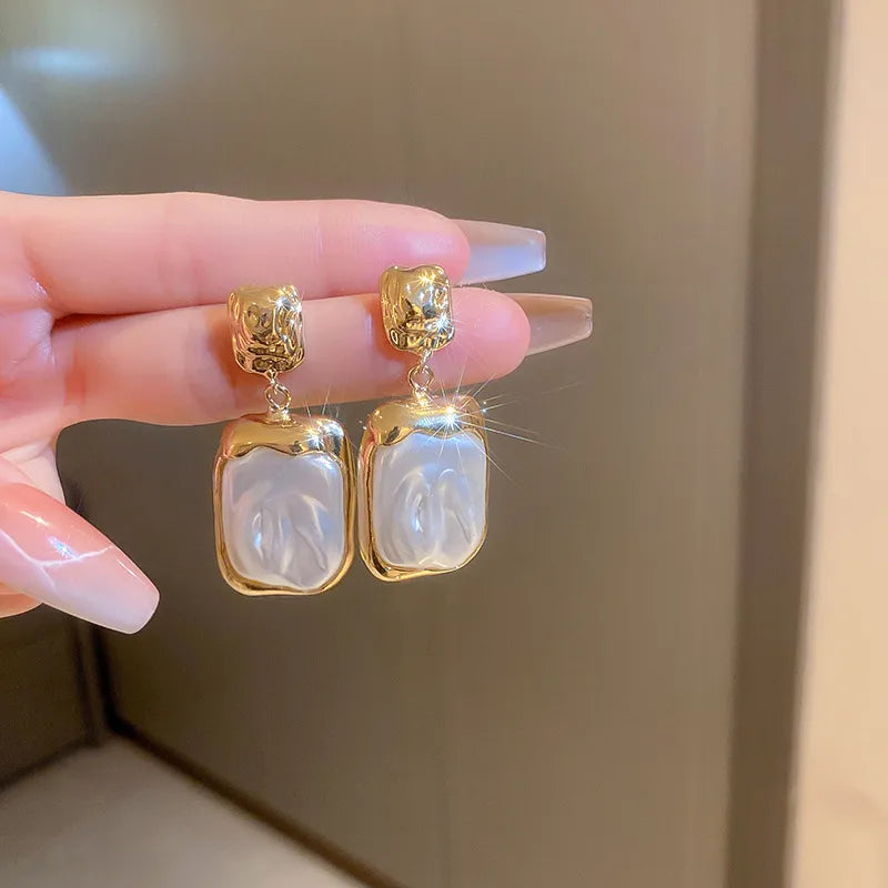 Gold Plated Vintage Geometric Square Pearl Dangle Earrings