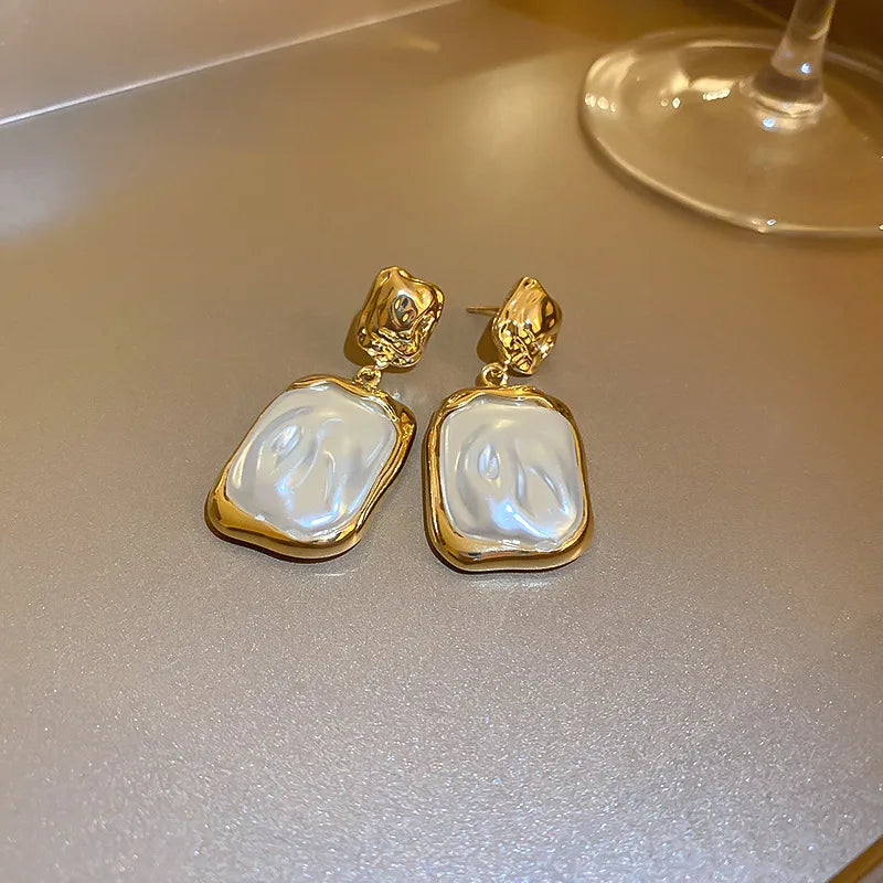 Gold Plated Vintage Geometric Square Pearl Dangle Earrings