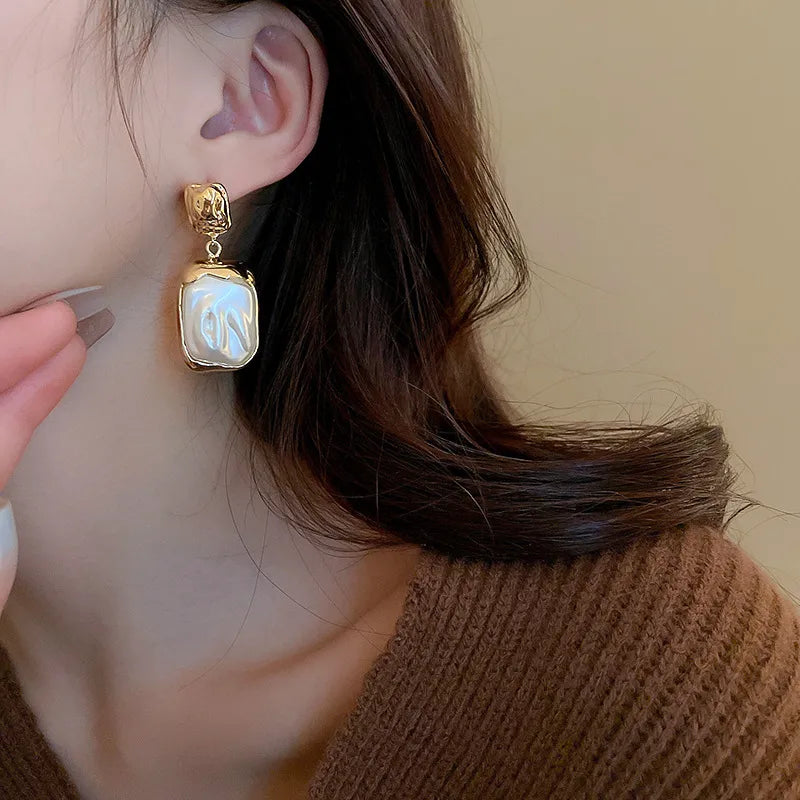 Gold Plated Vintage Geometric Square Pearl Dangle Earrings