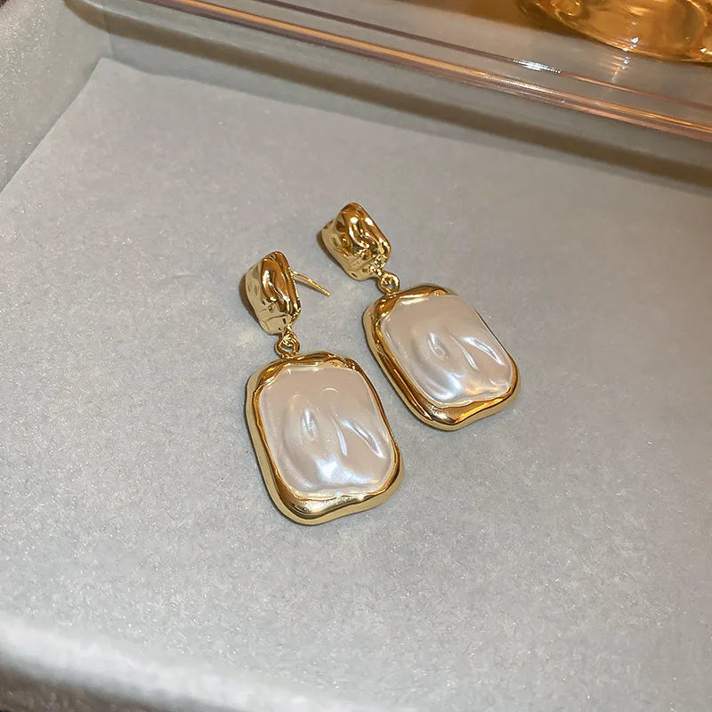 Gold Plated Vintage Geometric Square Pearl Dangle Earrings