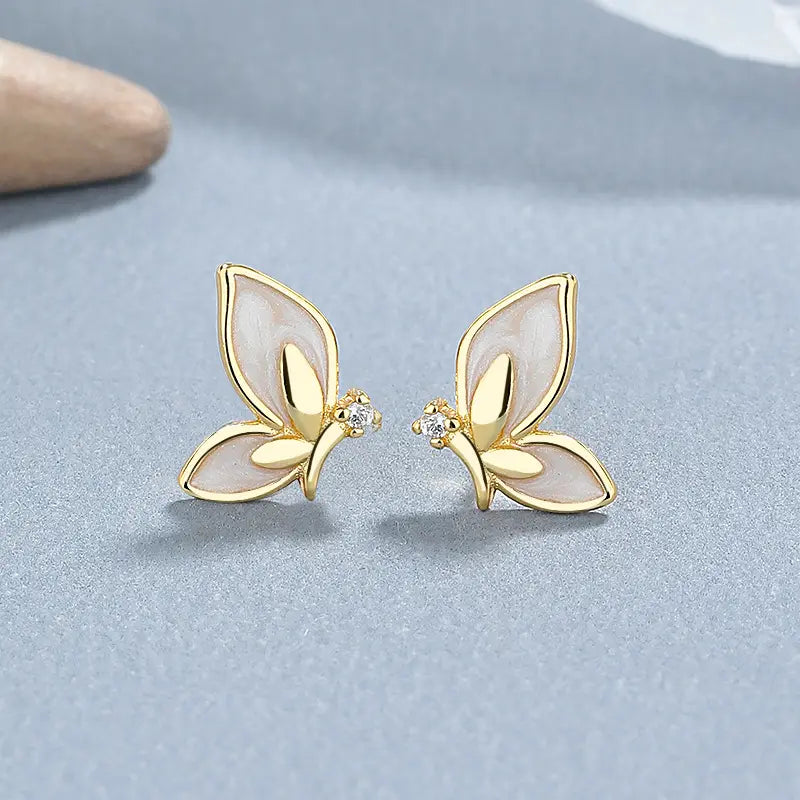 Gold Plated White Enamel Butterfly Earrings For Women