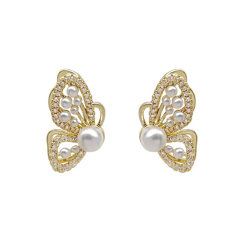 Gold Plated White Pearl Butterfly Stud Earrings For Women