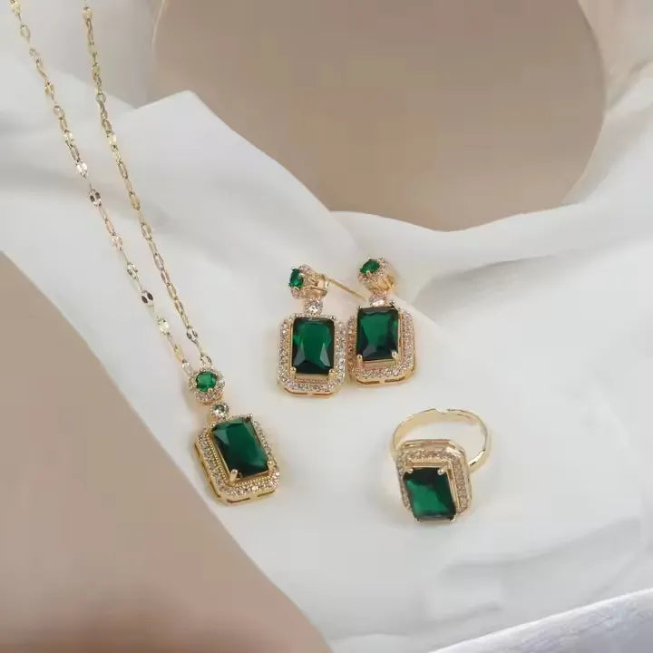 Green Emerald Style 18K Gold Plated Alloy Necklace Earrings Finger Ring Set
