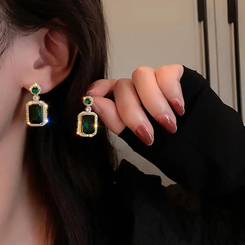 Green Emerald Style 18K Gold Plated Alloy Necklace Earrings Finger Ring Set