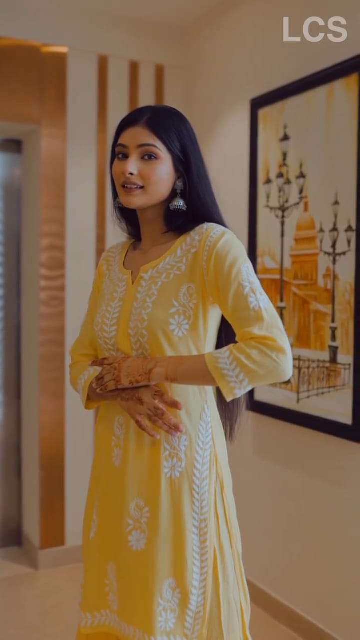 LUCKNOW CHIKANKARI EXCLUSIVE KURTI_PAIR PENT DESIGN (YELLOW)