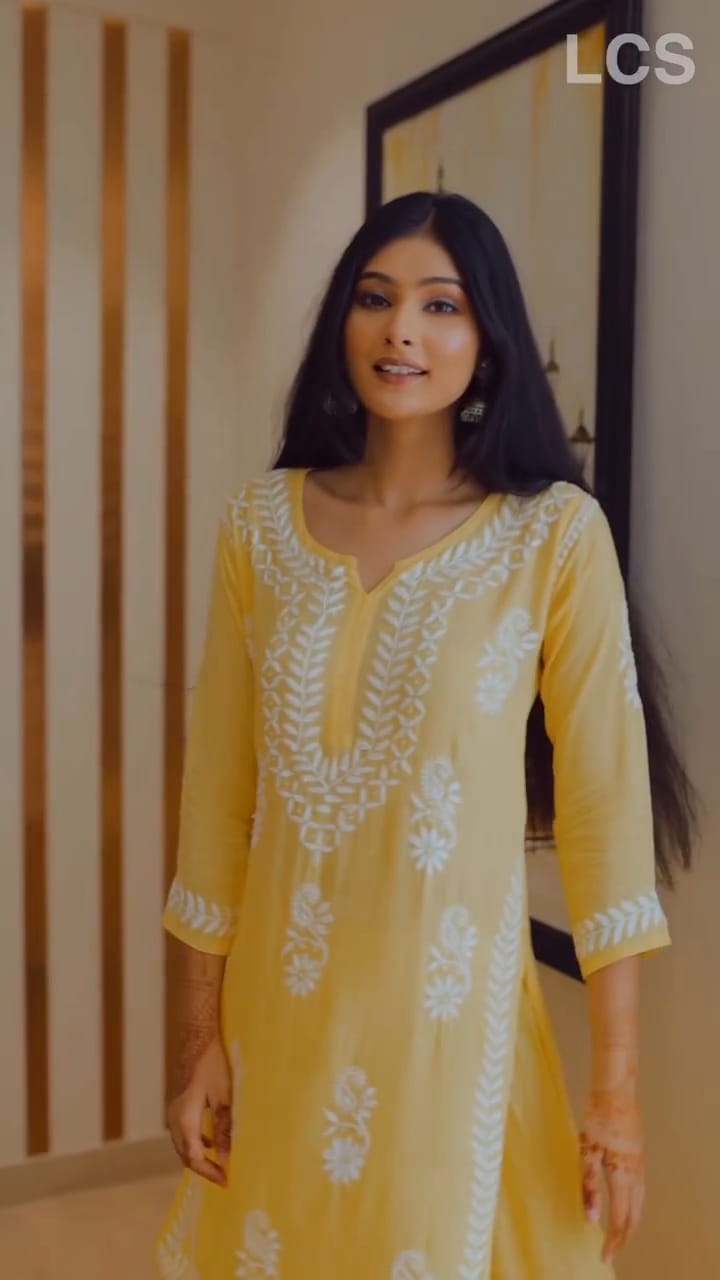 LUCKNOW CHIKANKARI EXCLUSIVE KURTI_PAIR PENT DESIGN (YELLOW)
