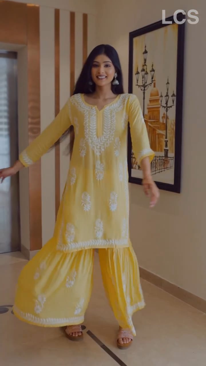 LUCKNOW CHIKANKARI EXCLUSIVE KURTI_PAIR PENT DESIGN (YELLOW)