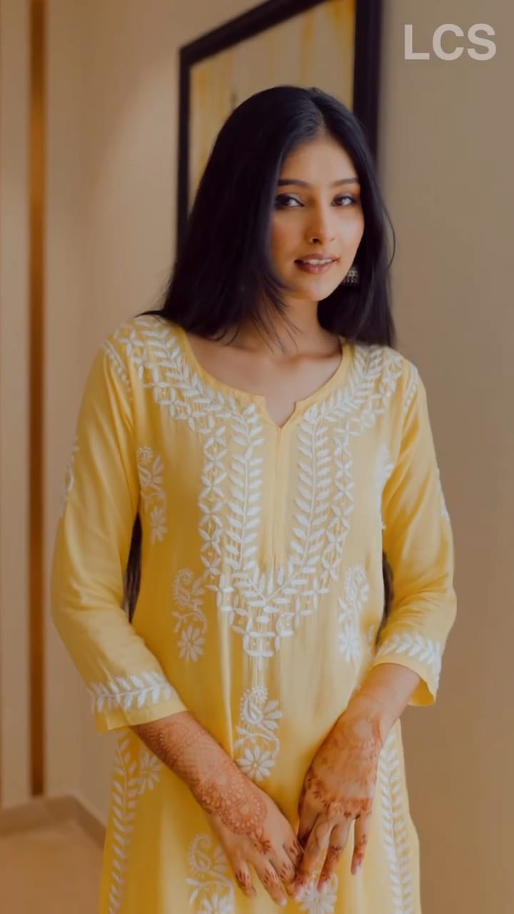 LUCKNOW CHIKANKARI EXCLUSIVE KURTI_PAIR PENT DESIGN (YELLOW)