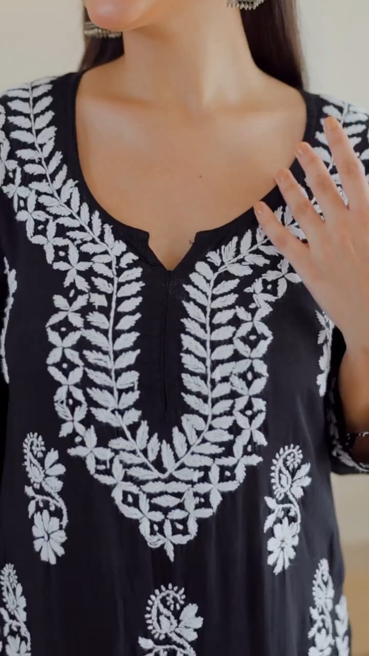 LUCKNOW CHIKANKARI EXCLUSIVE KURTI_PAIR PENT DESIGN (Black)