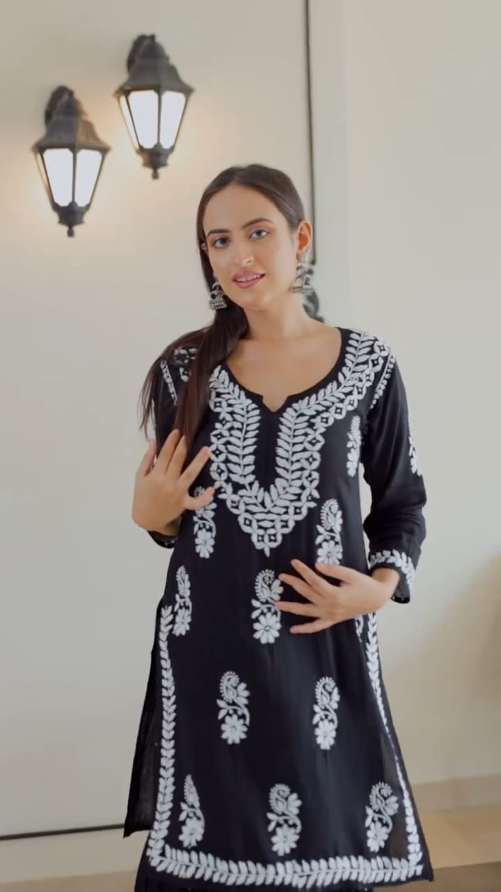 LUCKNOW CHIKANKARI EXCLUSIVE KURTI_PAIR PENT DESIGN (Black)