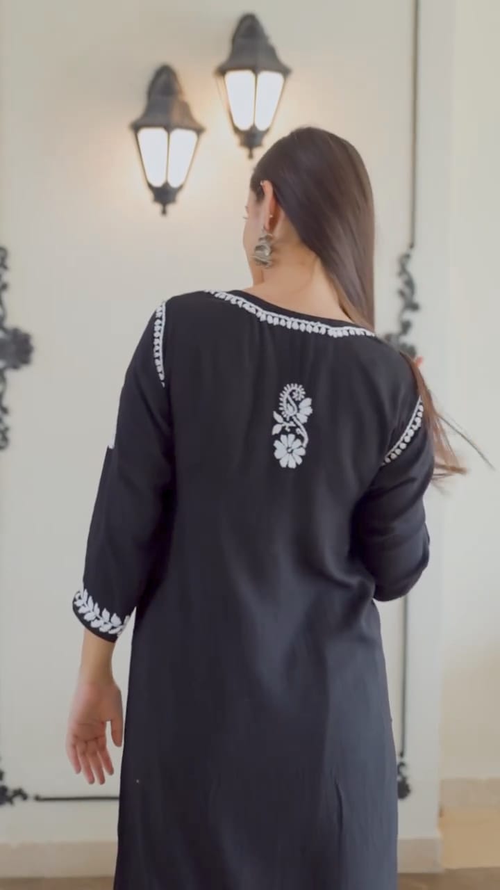 LUCKNOW CHIKANKARI EXCLUSIVE KURTI_PAIR PENT DESIGN (Black)