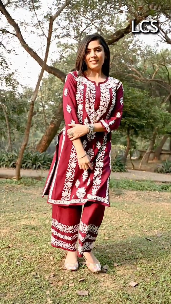 LUCKNOW CHIKANKARI EXCLUSIVE KURTI_PAIR PENT DESIGN (MAROON)