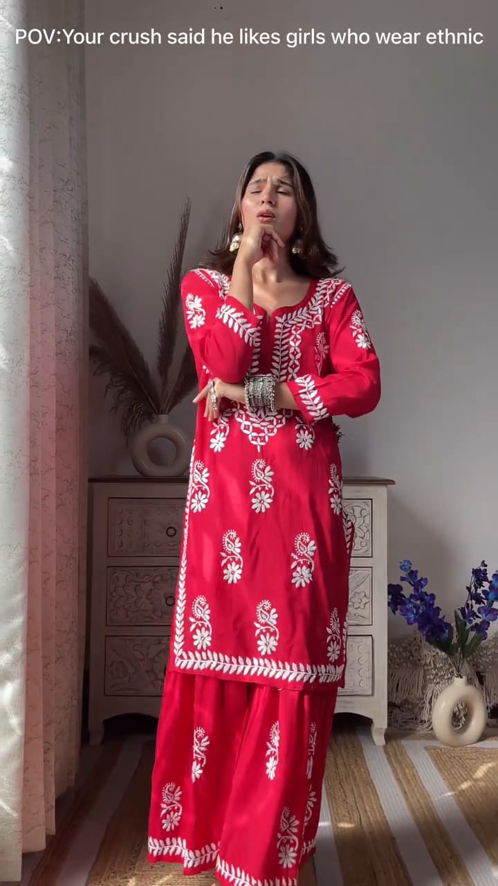 LUCKNOW CHIKANKARI EXCLUSIVE KURTI_PAIR PENT DESIGN (Red)