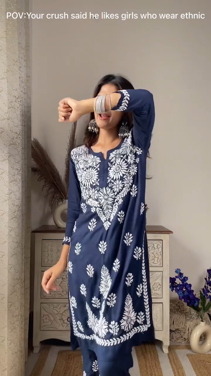 LUCKNOW CHIKANKARI EXCLUSIVE KURTI_PAIR PENT DESIGN (Dark Blue)