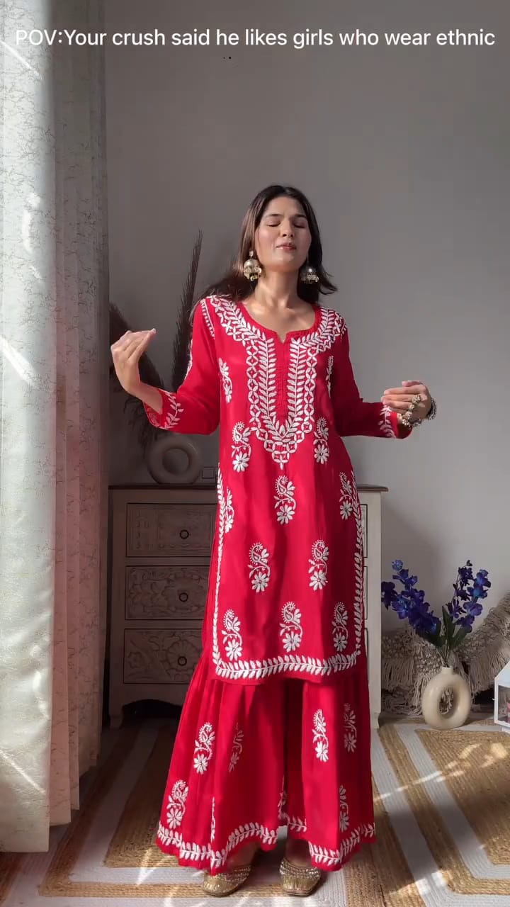 LUCKNOW CHIKANKARI EXCLUSIVE KURTI_PAIR PENT DESIGN (Red)