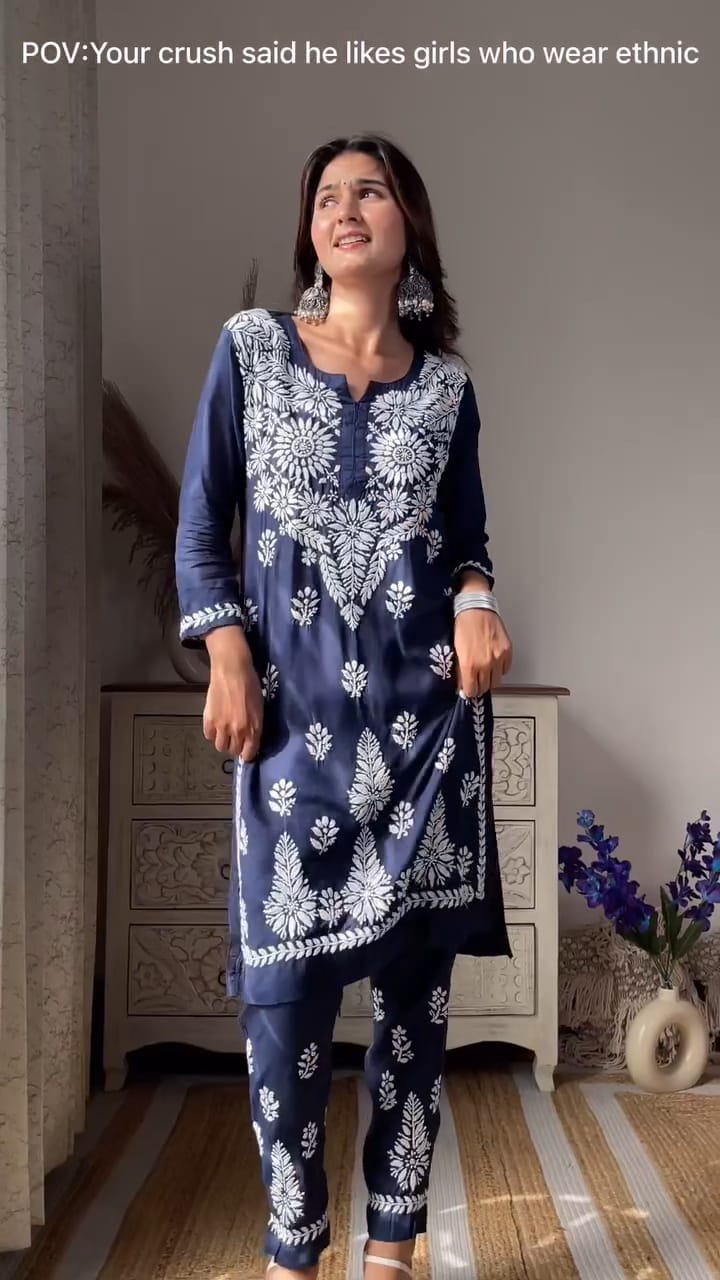 LUCKNOW CHIKANKARI EXCLUSIVE KURTI_PAIR PENT DESIGN (Dark Blue)