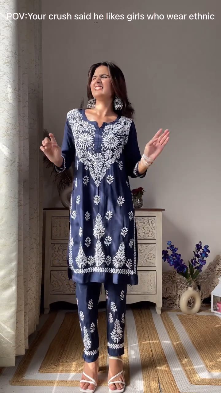 LUCKNOW CHIKANKARI EXCLUSIVE KURTI_PAIR PENT DESIGN (Dark Blue)