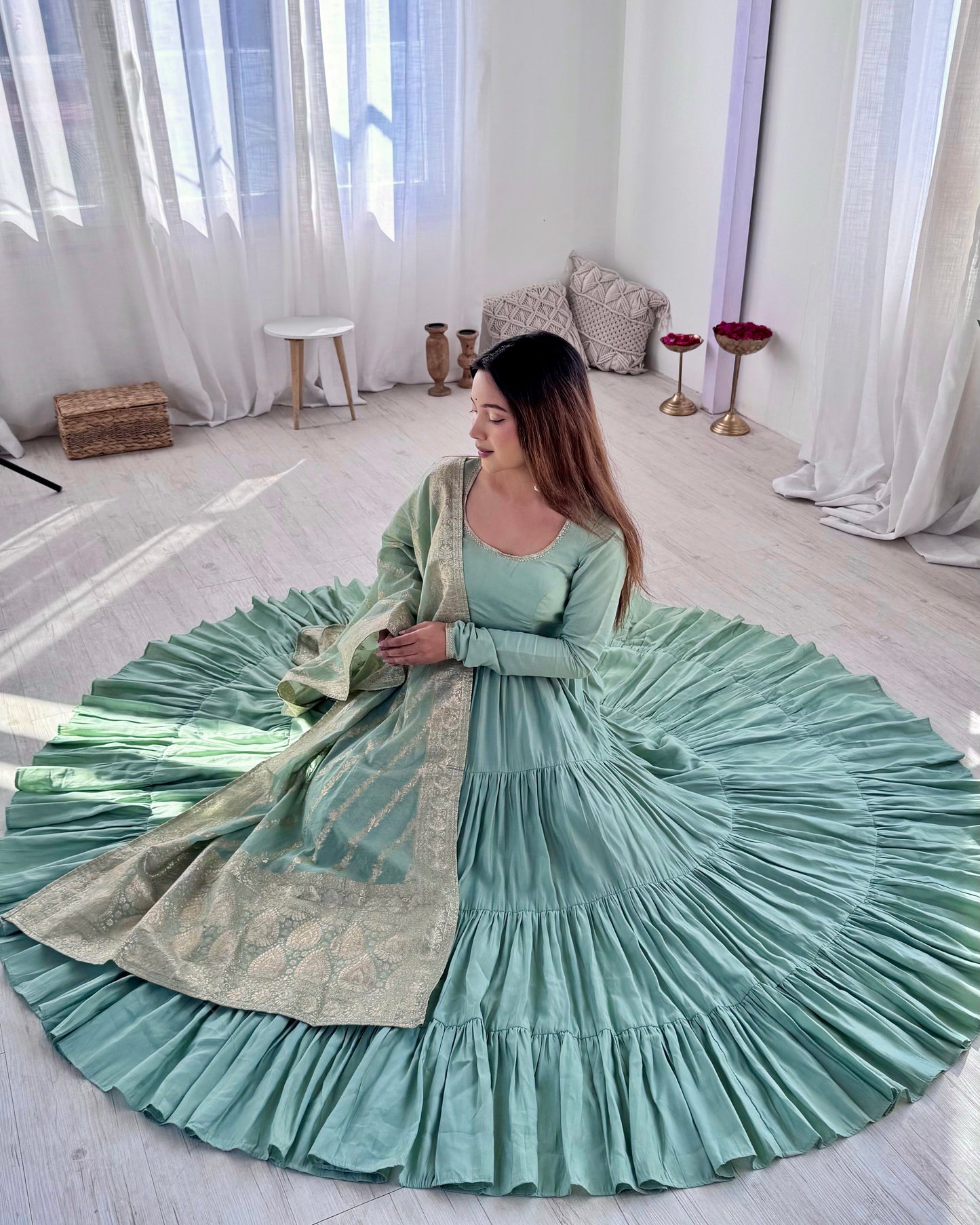 Premium Quality Roman Silk Pista Anarkali Suit Set
