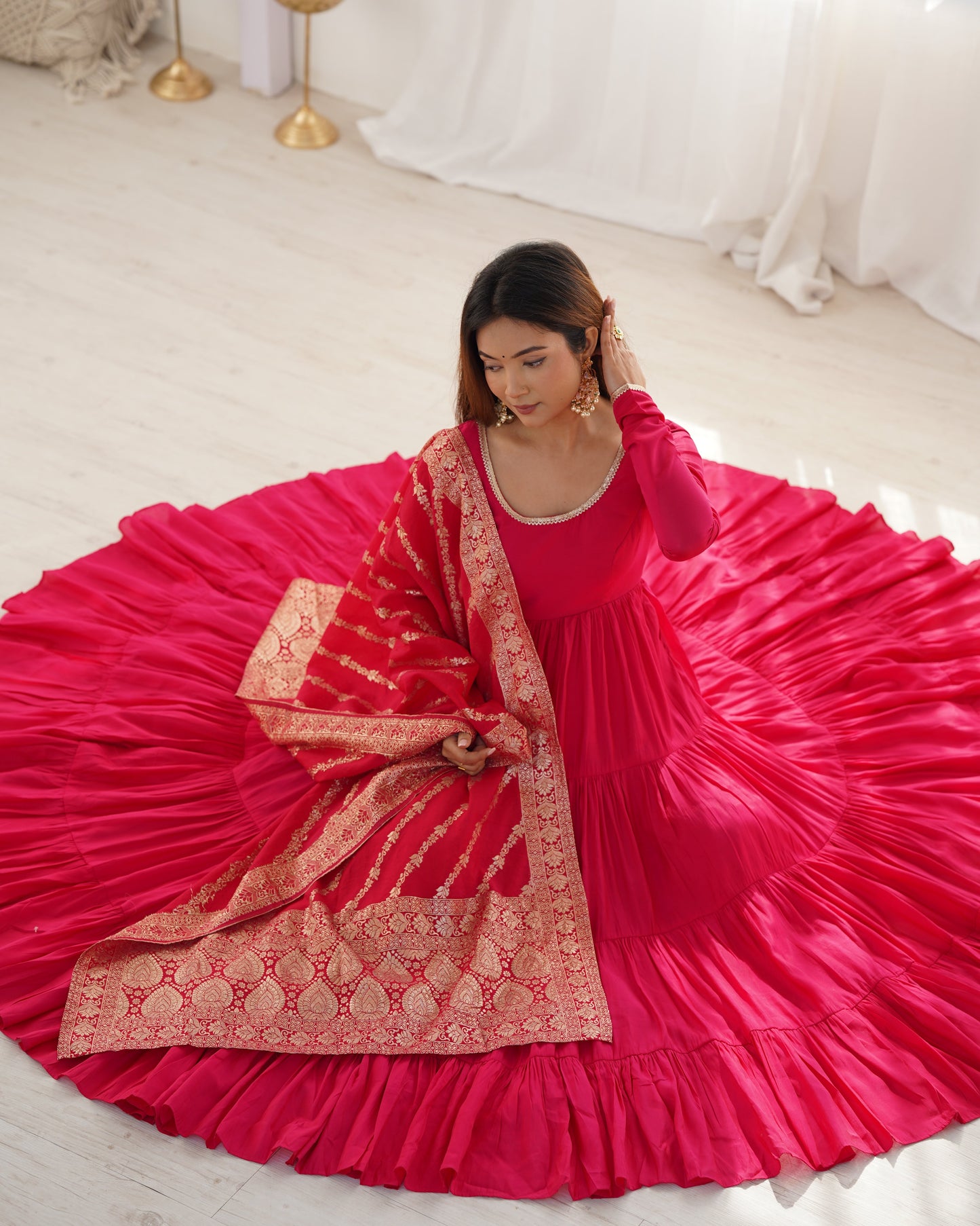 Premium Quality Roman Silk Pink Anarkali Suit Set