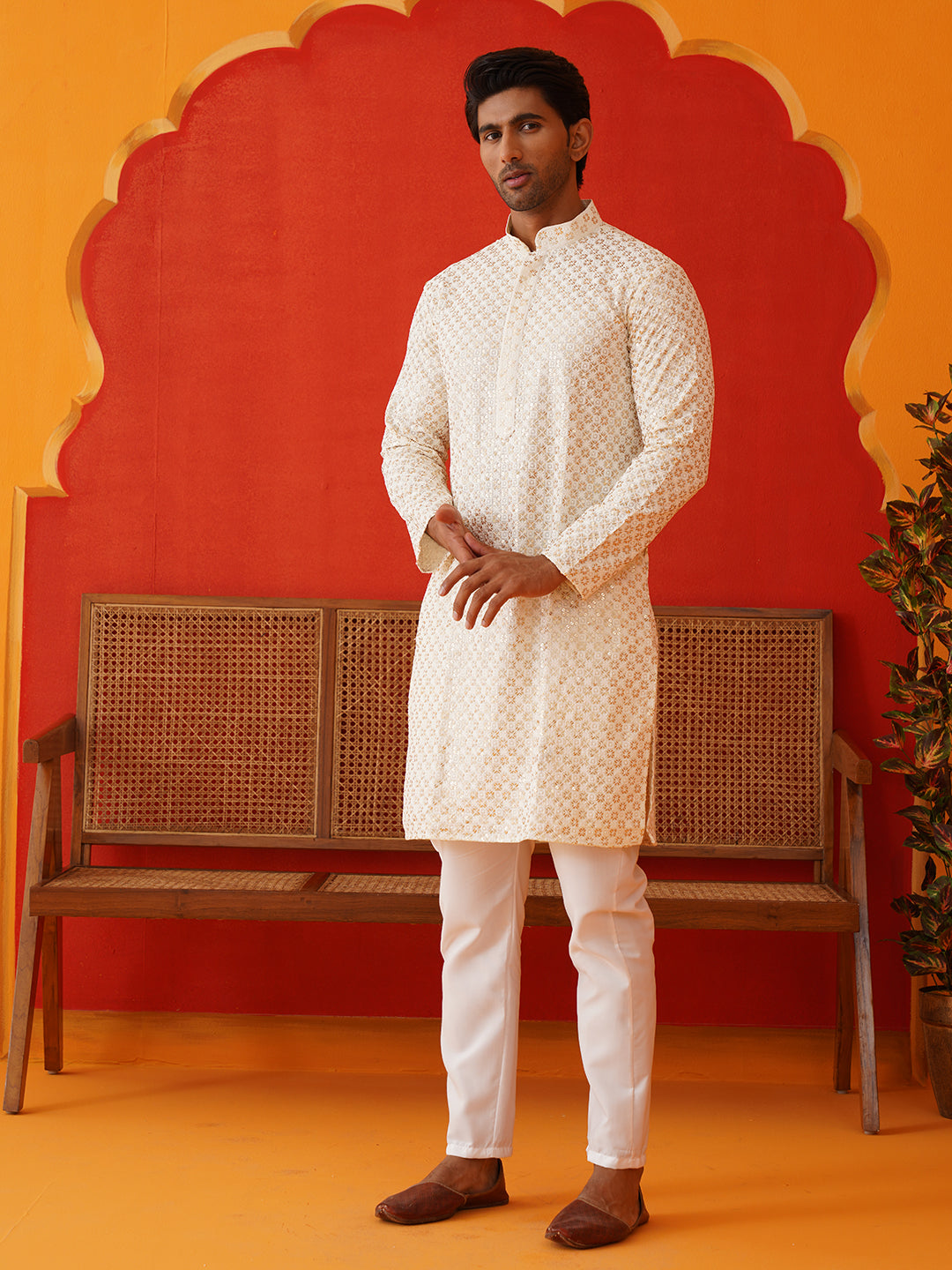 Sequins & Embroidered Kurta Pyjama Set For Men