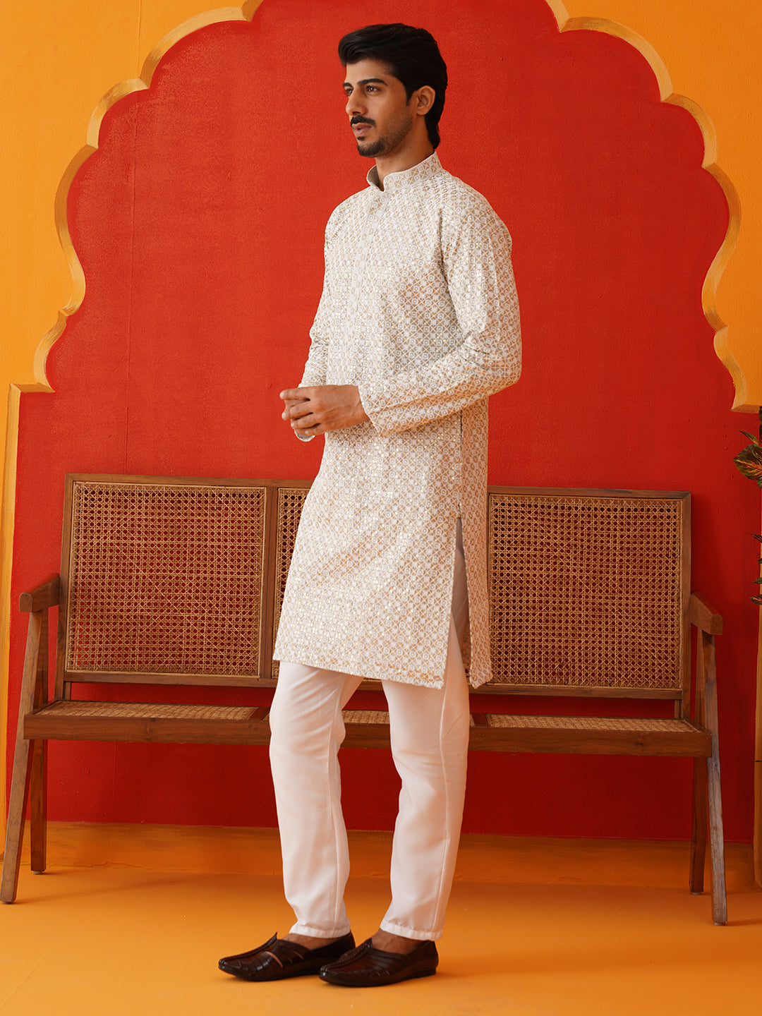 Sequins & Embroidered Kurta Pyjama Set For Men