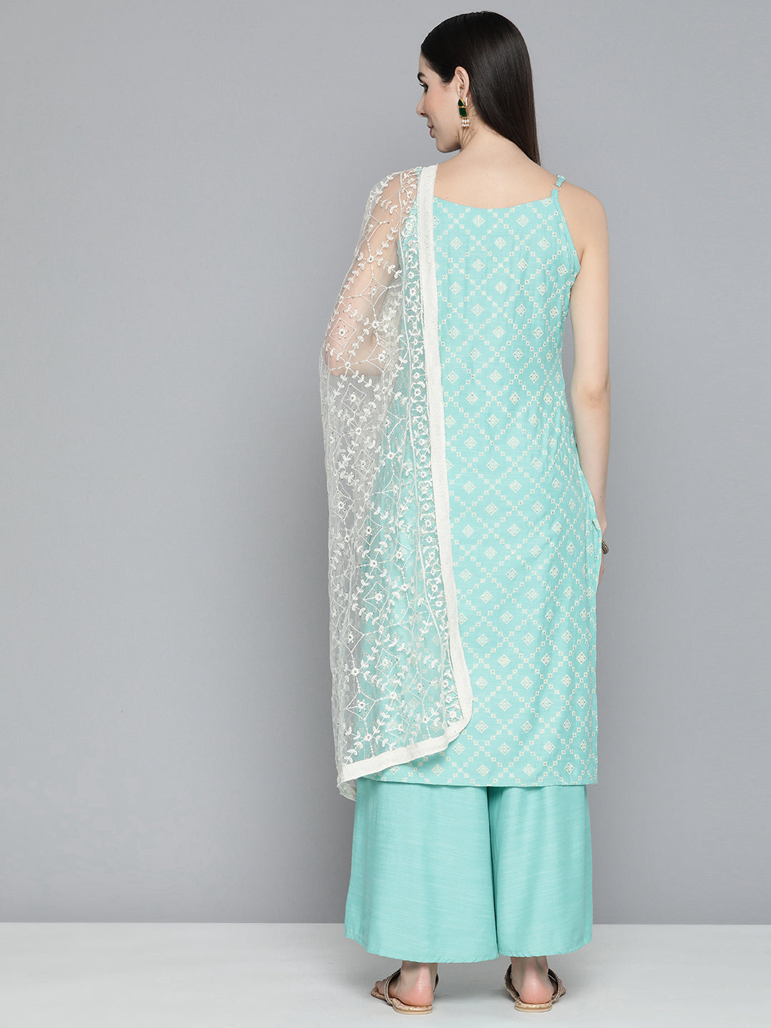 Jompers Printed Blue Kurta Women with Palazzos & With Chikankari Dupatta