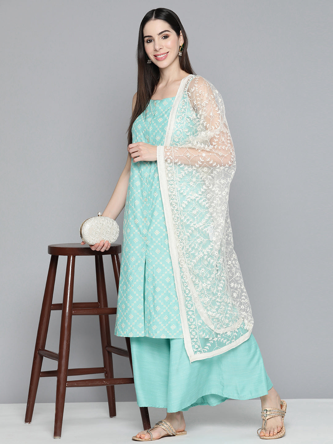 Jompers Printed Blue Kurta Women with Palazzos & With Chikankari Dupatta