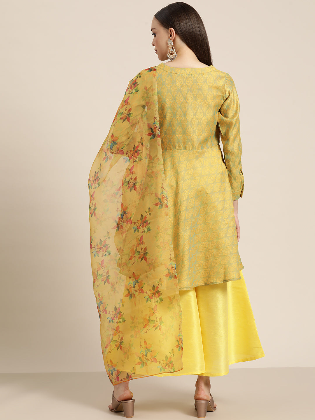 Women Floral Pleated Dupion Silk Jacquard Kurta with Palazzos & Dupatta