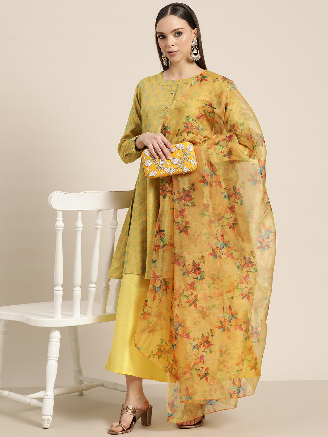 Women Floral Pleated Dupion Silk Jacquard Kurta with Palazzos & Dupatta