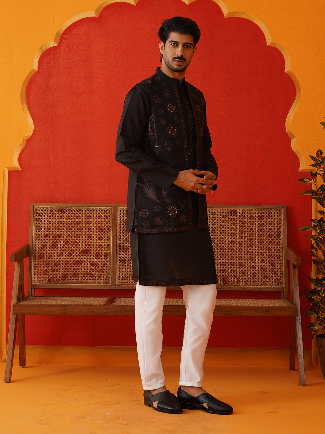 Embroidered Waistcoat & Solid Kurta Pyjama For Men