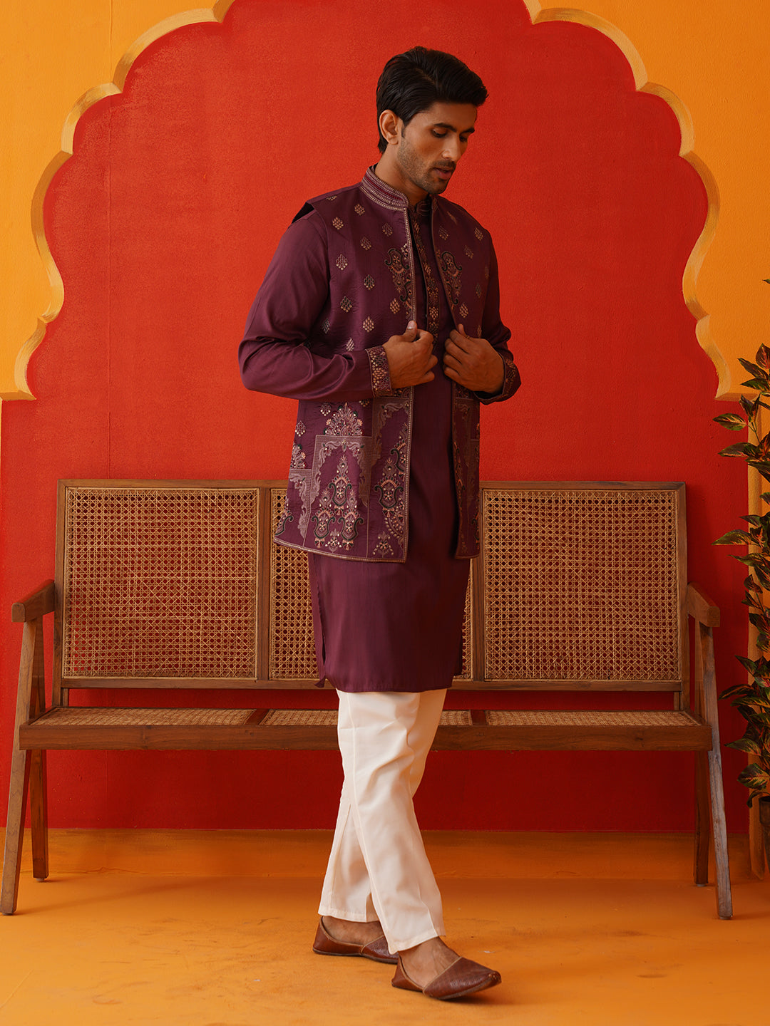 Embroidered Waistcoat & Solid Kurta Pyjama For Men
