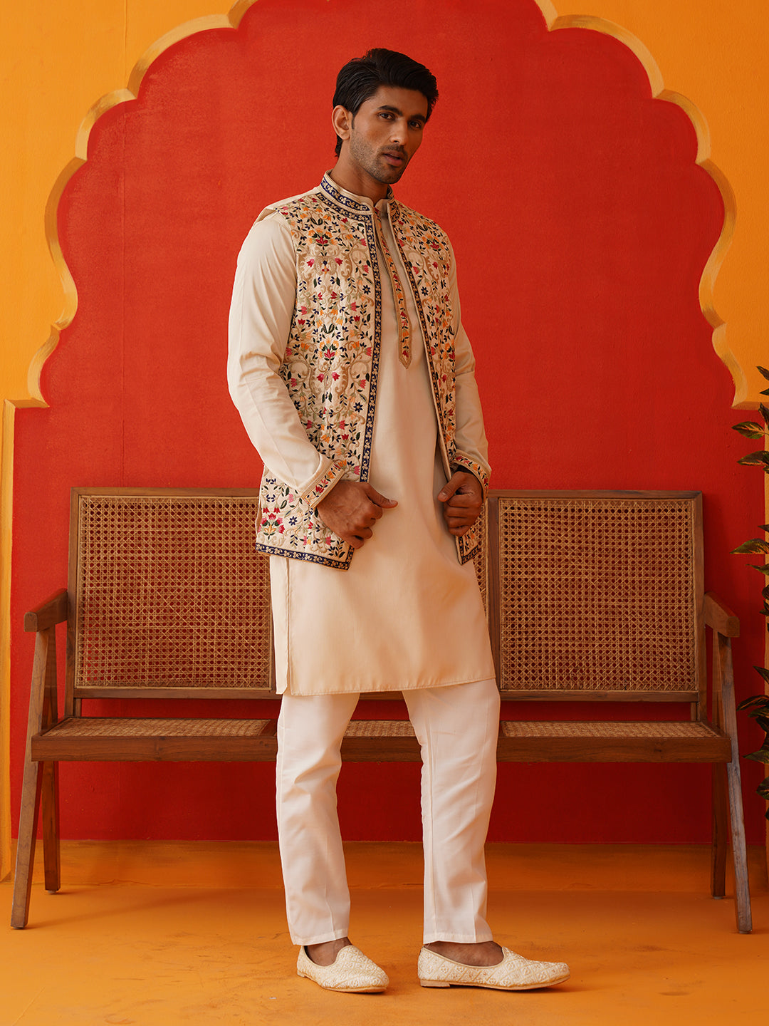 Embroidered Waistcoat & Solid Kurta Pyjama For Men