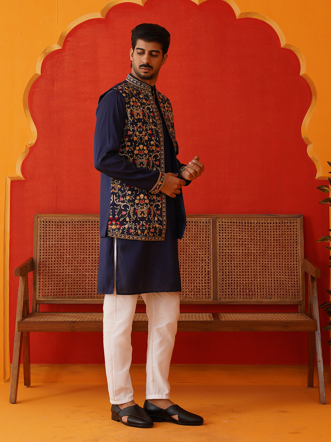 Embroidered Waistcoat & Solid Kurta Pyjama For Men