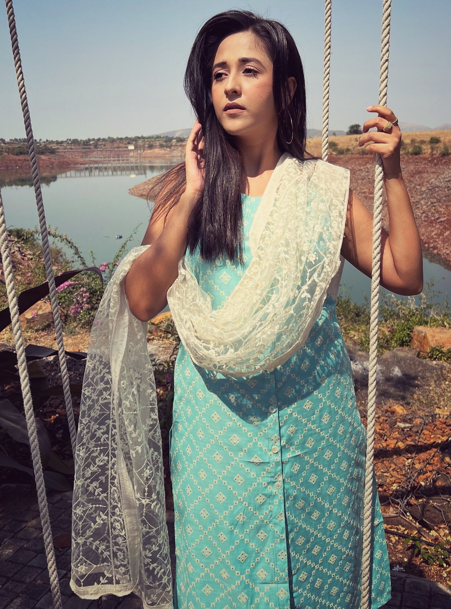 Jompers Printed Blue Kurta Women with Palazzos & With Chikankari Dupatta