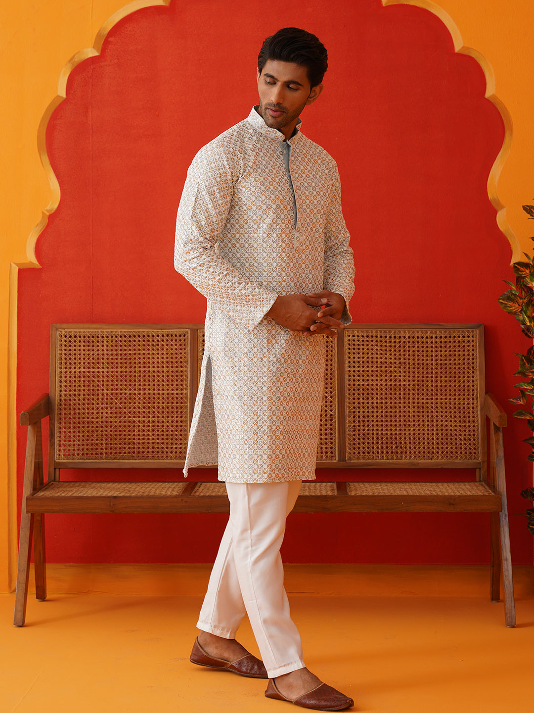 Sequins & Embroidered Kurta Pyjama Set For Men