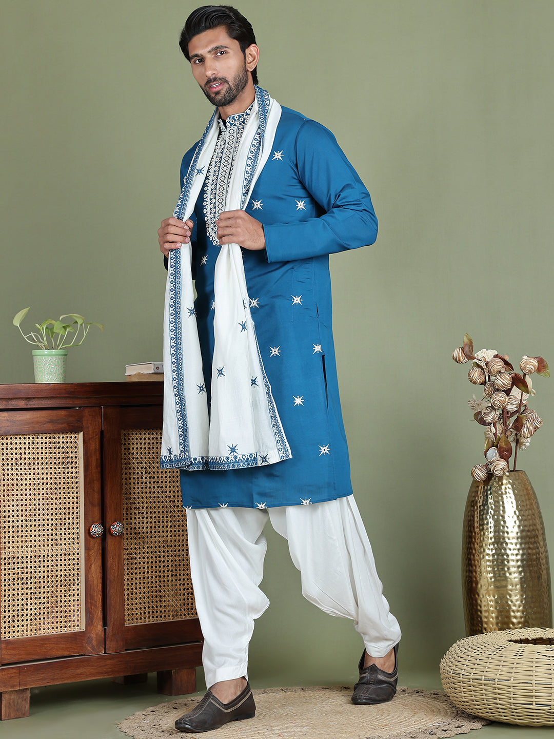 Embroidered Blue Silk Blend Kurta Salwar and Dupatta Set for Men