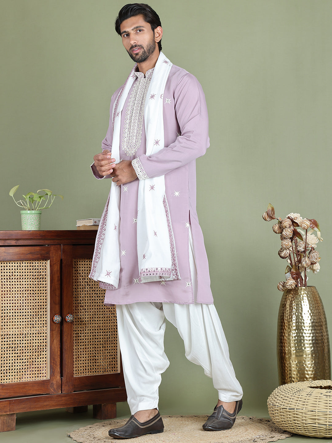 Embroidered Blue Silk Blend Kurta Salwar and Dupatta Set for Men